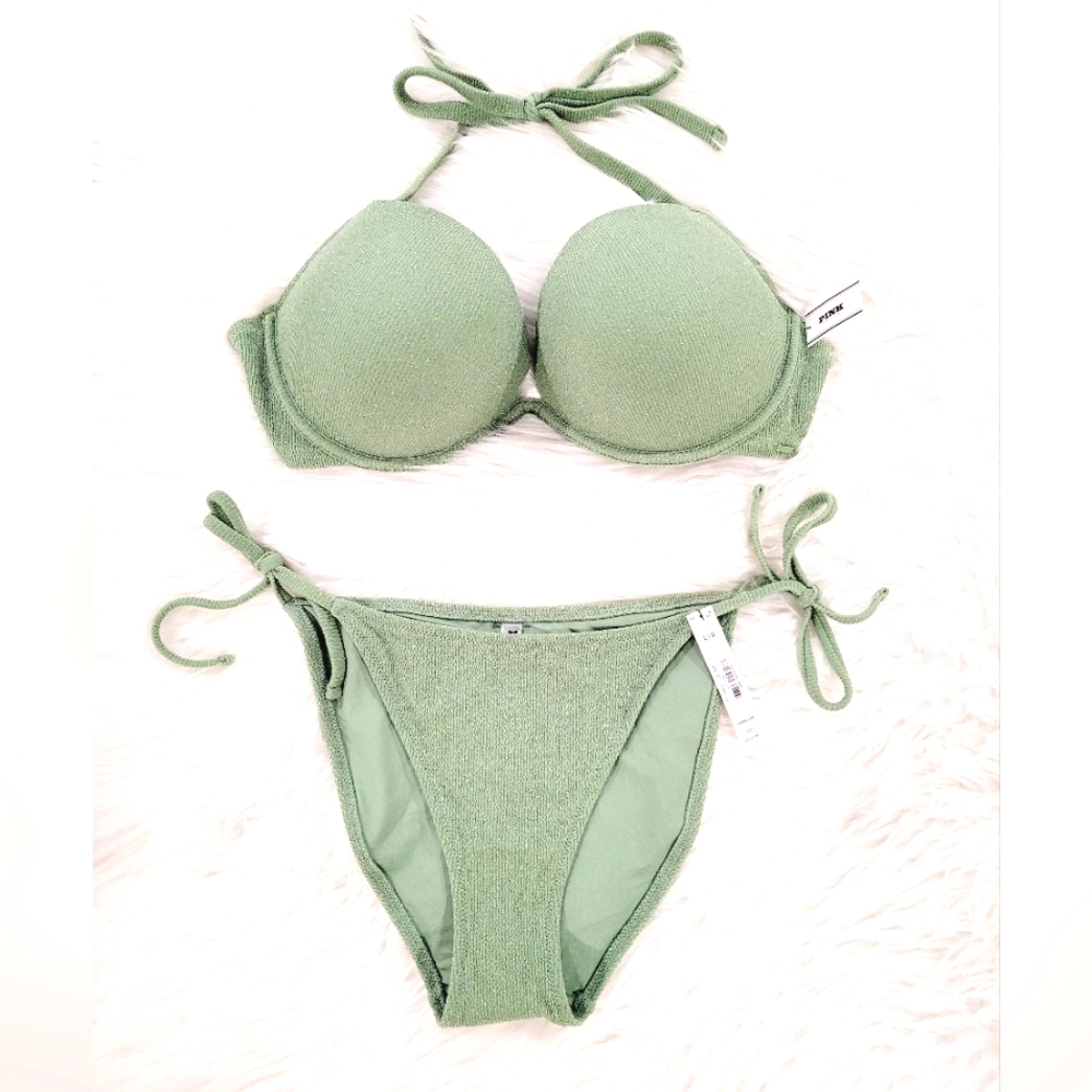 PINK Victoria's Secret Sage Green Bikini Set Top Worn Once Bottom New w/tags